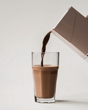 Pouring chocolate milk into a glass isolated on white background, studio shotの素材