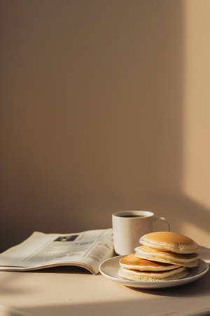 A cup of coffee and a pancake on a table with a newspaperの素材
