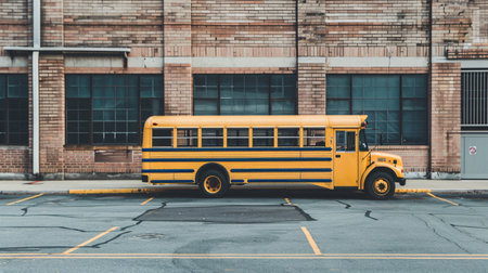 Yellow school bus parked in front of a school building with copy spaceの素材