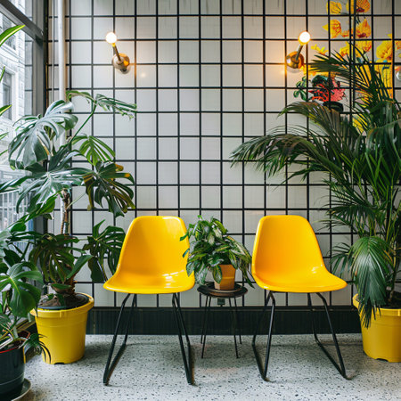 Yellow and black chairs in the interior of a modern cafe with plantsの素材