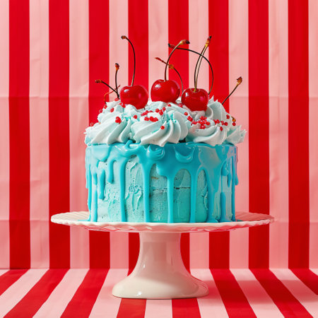 Cake with cherries on a red striped background, square formatの素材