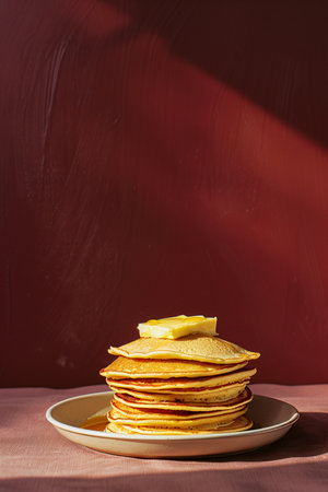 Stack of delicious pancakes with butter on a plate on a red backgroundの素材