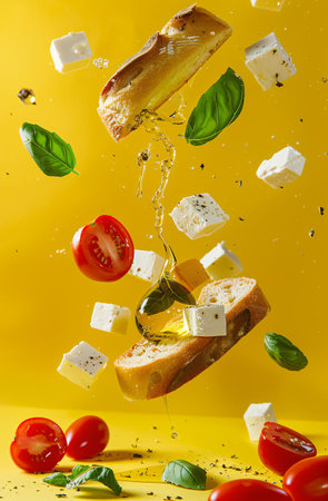 Falling pieces of cheese, tomatoes, basil and olive oil on yellow backgroundの素材