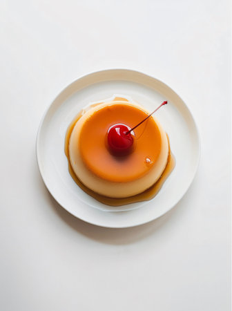 Creamy caramel flan with cherry on top on white backgroundの素材