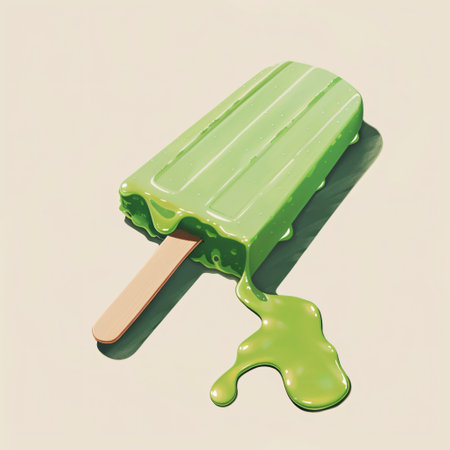 Green ice cream on a stick with dripping liquid. 3D illustration.の素材