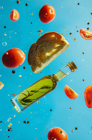 Olive oil falling into a glass bottle with tomatoes and bread on blue backgroundの素材