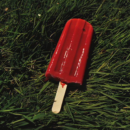 Ice cream on stick in green grass. Summer concept. Vintage style.の素材