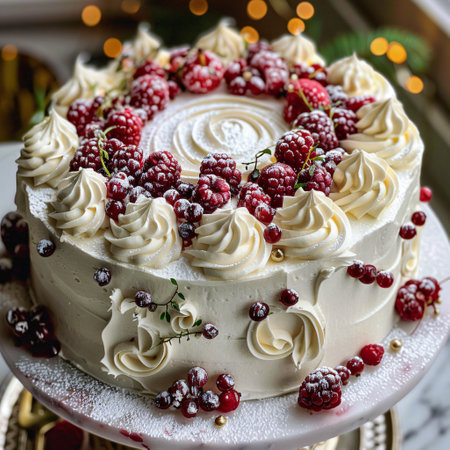 Christmas cake with berries and cream on the background of the Christmas treeの素材