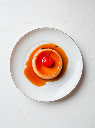 Flan with cherry and caramel on a white plate on a white backgroundの素材