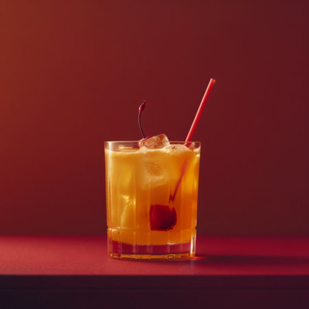Cocktail with cherry and ice on a red background. Copy space.の素材