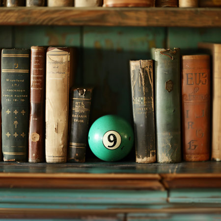 Vintage bookshelf with old books and green billiard ballの素材