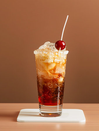 cocktail in a glass with ice and cherry on a brown backgroundの素材