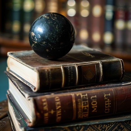 Old books and a black ball on the background of bookshelvesの素材