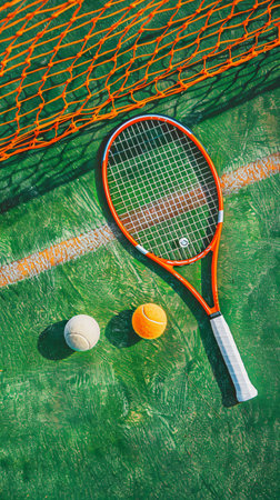 Tennis racket and balls on the tennis court. Top view.の素材