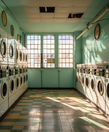 Laundry room with large washing machines in a public laundromatの素材