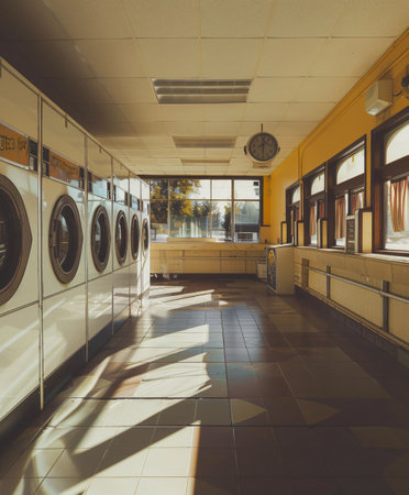 Laundry room interior with washing machines and windows, vintage tonedの素材
