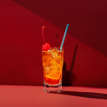 Cocktail with orange, cherry and ice on a red backgroundの素材