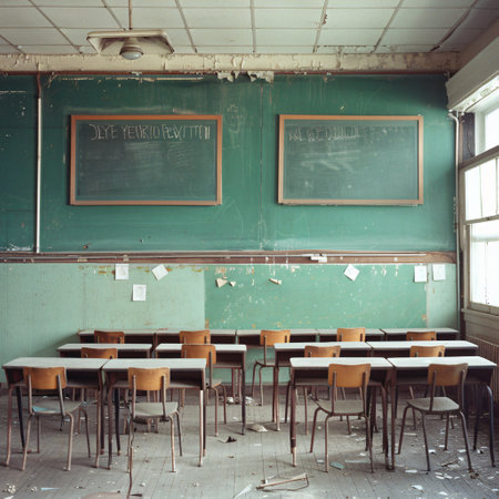 Empty classroom with chairs and chalkboard in an old school building.の素材