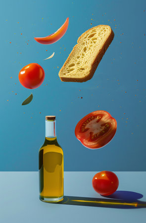 3d illustration of a bottle of olive oil, bread and tomatoes falling into the airの素材