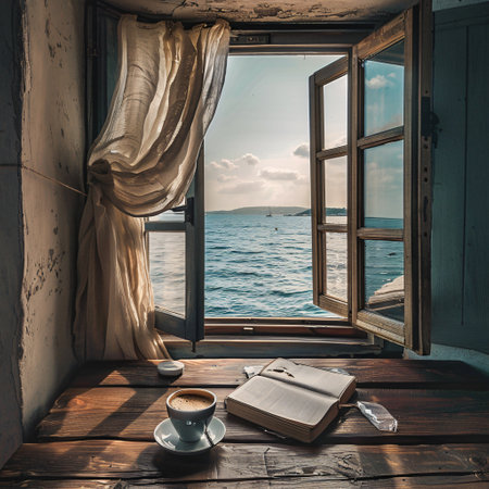Coffee cup and book on a wooden table with sea viewの素材