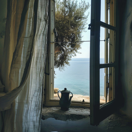 View from the window to the sea and the sea in Montenegroの素材