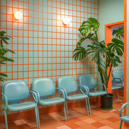 Interior of a waiting room with blue chairs and plants. 3D renderingの素材