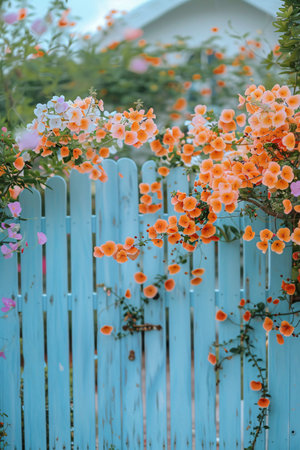 Beautiful orange flowers with blue wooden fence in the garden, stock photoの素材