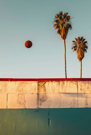 Palm trees and a red ball on the background of blue skyの素材