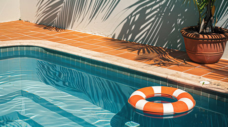 Swimming pool with lifebuoy and palm leaf on the backgroundの素材