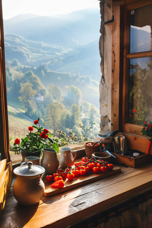 Cup of hot tea with fresh tomatoes on wooden window sill in countrysideの素材