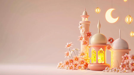 3d rendering of Ramadan Kareem background with flowers and lanternsの素材