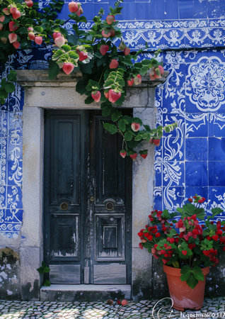 Old wooden door with flowers on the facade of the house, Lisbon, Portugalの素材