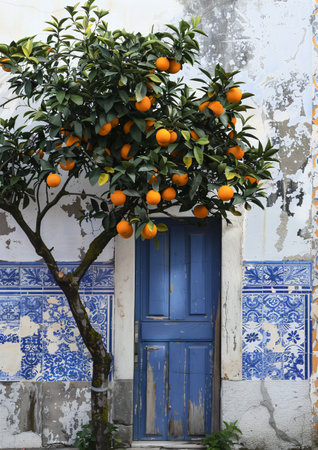 Orange tree in front of a blue door in the city of Cartagena, Colombiaの素材