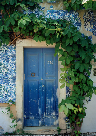 Old blue wooden door in the old mediterranean house. Greece.の素材