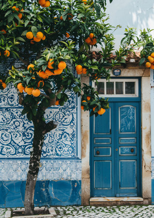 Citrus tree and blue door in the old town of Lisbon, Portugalの素材