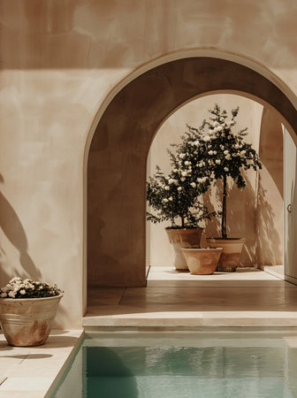 Interior of a hotel swimming pool with a flower in a potの素材