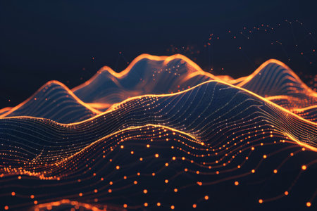 3D rendering abstract wave with particles. Futuristic wave with depth of field and bokeh. Big data visualization.の素材