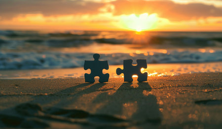 Two jigsaw puzzle pieces on the beach at sunset or sunrise.の素材