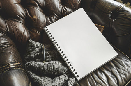 Blank notepad with pen on leather sofa - Vintage Light Filterの素材
