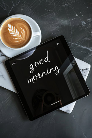 Cup of coffee and digital tablet with good morning concept on screenの素材