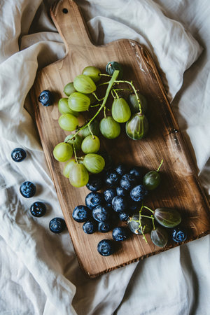 Grapes and blueberries on rustic wooden board. Flat lay.の素材