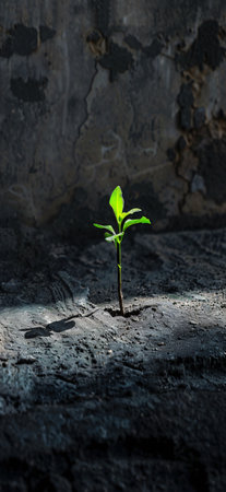 Green seedling growing out of soil on old cement wall background.の素材