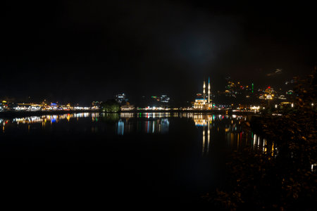 Night view of the city of Bled, Slovenia, Europe.の写真素材