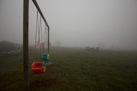 Empty swing on the playground in the morning with fog and mist.の写真素材