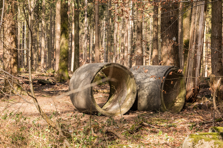 Big concrete pipes in the middle of the forestの写真素材