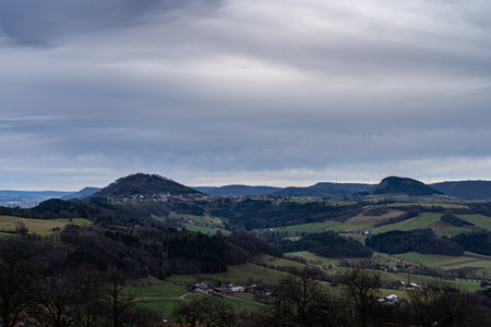 Landscape with hills and forests overlooking the castle ruin Hohenrechbergの写真素材