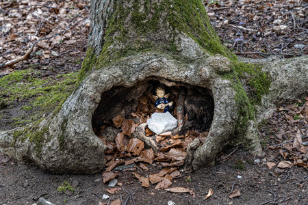 Little angel with a guitar inside a hole of a tree in the middle of the forestの写真素材