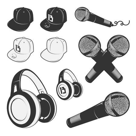 Set of vintage rap emblems, labels and design elements. Monochrome style.のイラスト素材