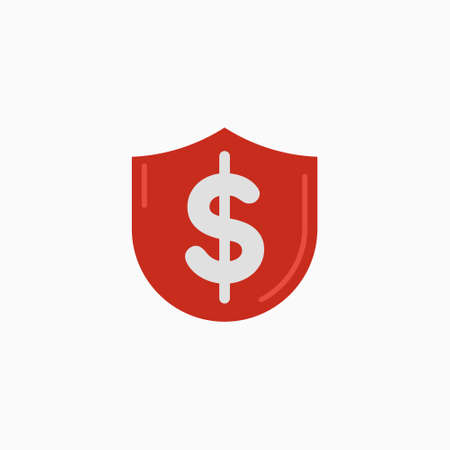 Protection money concept. Dollar icon on the shield. Secure investment, insurance. Vector illustration flat design style. Shield to protect savings. Finance safety.のイラスト素材