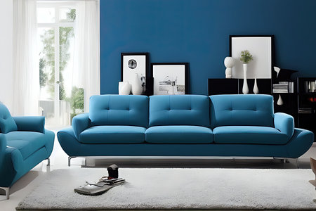 Modern living room interior with stylish comfortable sofa, wall color Orion Blueの素材